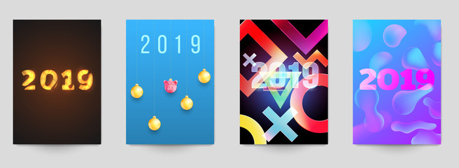 Obraz premium Happy new year design vector illustration concept. Set of minimalistic trendy background for branding banner, cover, poster, greeting card. Modern colorful number 2019.