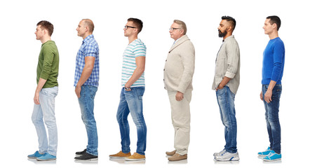 diversity and people concept - group of happy multiracial men standing in queue, isolated on white - Powered by Adobe