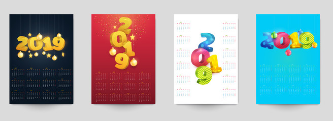 Happy new year design vector illustration concept. Set of minimalistic trendy background for branding banner, cover, poster, greeting card. Modern colorful number 2019.