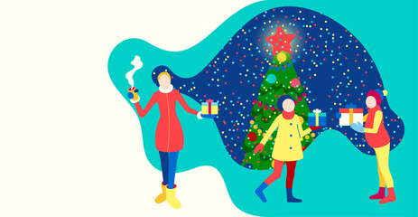 Christmas and New Year poster with Christmas tree and children with gifts.