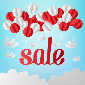 Sale Blue Promotion Poster With Paper-cut Decorative Balloons.