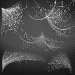 Vector illustration of spiderwebof various shapes, white spooky cobweb isolated on black background. Sticky hanging net, spider trap to catch insects. Hand drawn silhouette, decor for Halloween design
