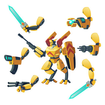 Vector cartoon android, human soldier in robotic combat exoskeletons with guns isolated on background. Battle robot with various weapons, cyborg humanoid. Character for computer games