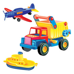 Transport infrastructure concept - toy ship, truck and plane, white background