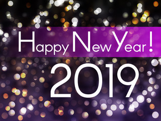 Happy New Year 2019 greeting card with bokeh background