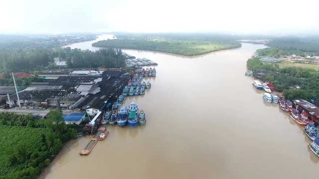 4K Aerial local Thailand fisherman port in South of Thailand
