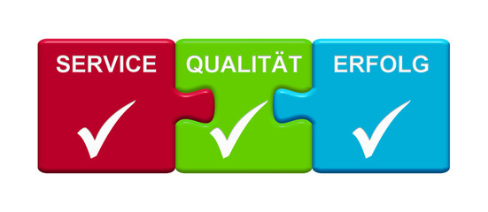 3 bunte Puzzle Buttons zeigen Service, Qualität und Erfolg