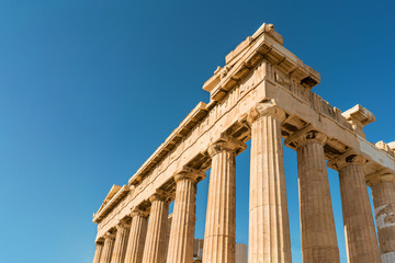 Parthenon of Acropolis close-up perspective photo. Ancient Greece major landmark.