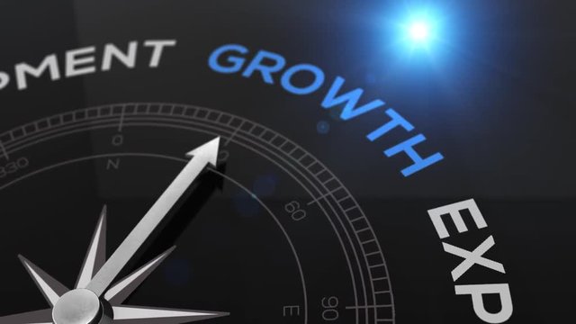 Compass with the text GROWTH right path, concept video for good direction blue shiny background