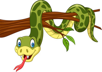 Fototapeta premium Kreskówka zielony wąż na gałęzi drzewa