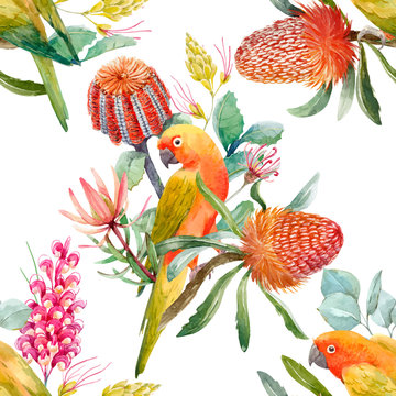 Watercolor tropical parrots vector pattern