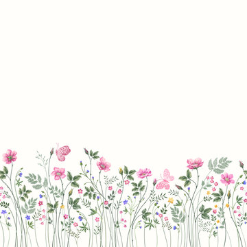 Seamless Floral Border With Roses And Butterfly