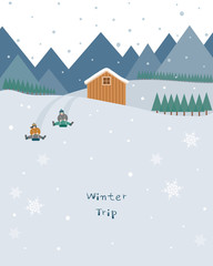 A winter scene in a small snowy house and kids are riding on a snow sled. Flat design vector illustration.
