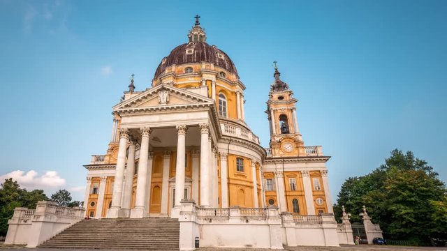 The Basilica of Superga (Basilica di Superga) church in turin italy, Basilica di Superga church on top of the hill, Turin, Italy hyperlapse time lapse video at day.