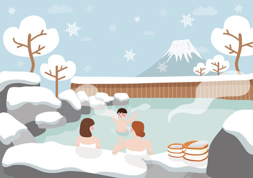 Women And Kid Are Relaxing In Hot Spring, Bath At Japanese On Winter.