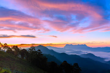 Naklejka na ściany i meble Landscape of sunrise on Mountain at Doi Luang Chiang Dao, ChiangMai ,Thailand