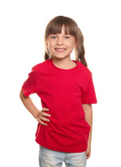 Fototapeta premium Little girl in t-shirt on white background