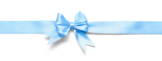 Blue ribbon with bow on white background