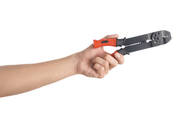 Wire stripper in male hand isolated on white