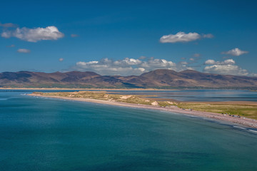 Spectacular panoramic view over unspoiled Rossbeigh Beach, Ireland. Ring of Kerry coastal route on Wild Atlantic Way