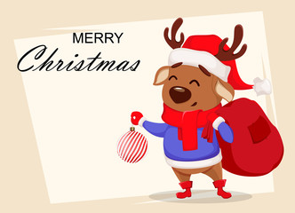 Merry Christmas. Cute deer wearing Santa Claus hat