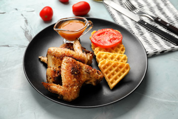 Delicious waffles with chicken wings and sauce on plate