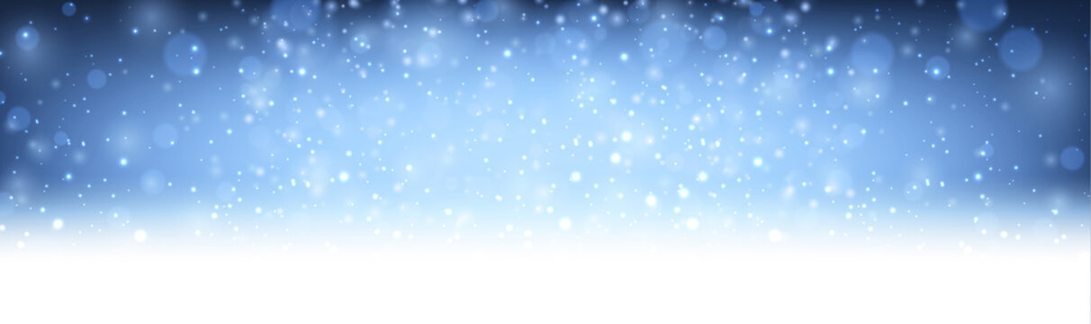 Blue shiny blurred winter banner with snow.