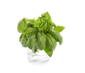 Jar with fresh aromatic basil on white background