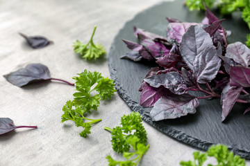 Slate plate with fresh aromatic herbs on grey table