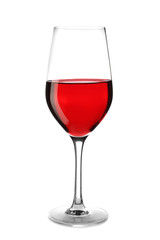 Glass with sweet tasty wine on white background