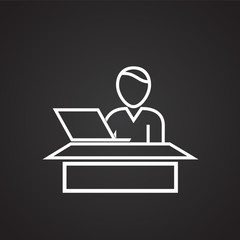 Business personnel working on computer thin line on black background icon