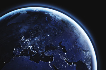 planet Earth seen from space, Europe close up, aerial view of european continent night lights with copyspace, blue tone, part of image furnished by NASA