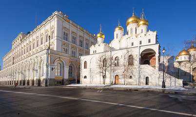 Fototapeta na wymiar inside of Moscow Kremlin on a sunny winter day, Russia