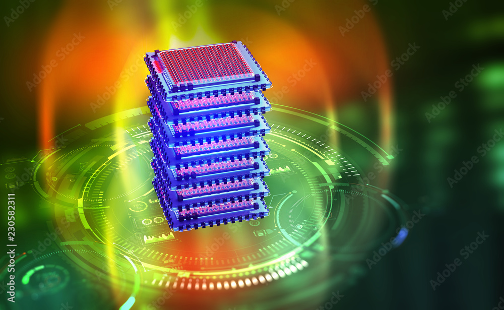 Poster Futuristic mining farm. Big Data analytics platform. Quantum processor in the global computer network. 3d illustration of digital cyberspace