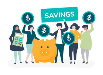 Diverse group of people and savings concept illustration