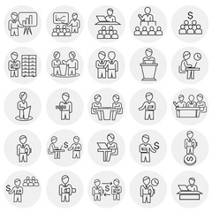 Business collaboration thin line set circles white background icons