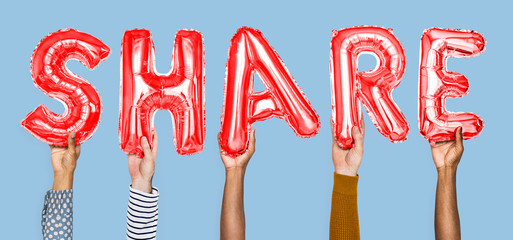 Hands showing share balloons word