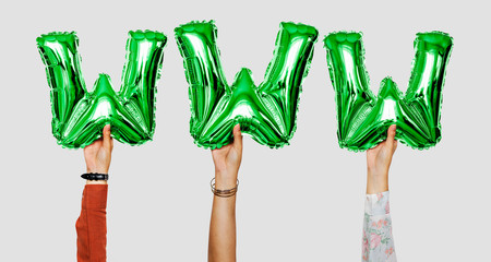 Hands showing website balloons word