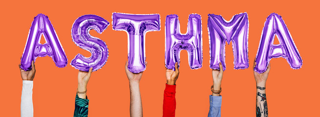 Hands showing asthma balloons word