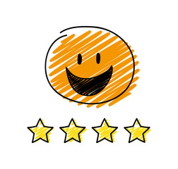 Review - four star rating. Happy orange coloured stickman. Vector.