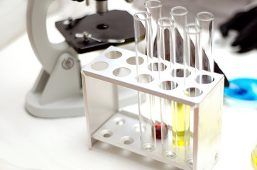 .laboratory equipment, test tubes with colored liquids, Petri dish of microorganisms on white background