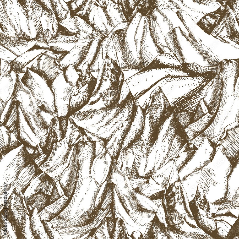 Poster Seamless pattern with mountainous landscape hand drawn with contour lines on white background. Backdrop with cliffs or mountain range. Vector illustration in retro etching style for wrapping paper.