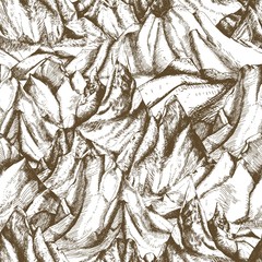 Seamless pattern with mountainous landscape hand drawn with contour lines on white background. Backdrop with cliffs or mountain range. Vector illustration in retro etching style for wrapping paper.