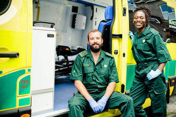 Paramedics team with an ambulance