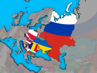 Eastern Europe with embedded national flags on blue political 3D globe.