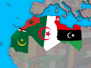 Maghreb region with embedded national flags on blue political 3D globe.