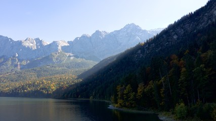 Germanys highest mountain Zugspitze; with forest in the foreground, aerial