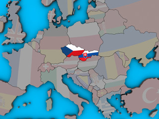 Former Czechoslovakia with embedded national flags on blue political 3D globe.