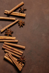 Close up of spices and brown sugar for christmas cake. Symbolic image. Christmas background. Rustic wooden background. Close up.