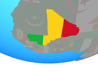 Mali with national flag on simple political globe.